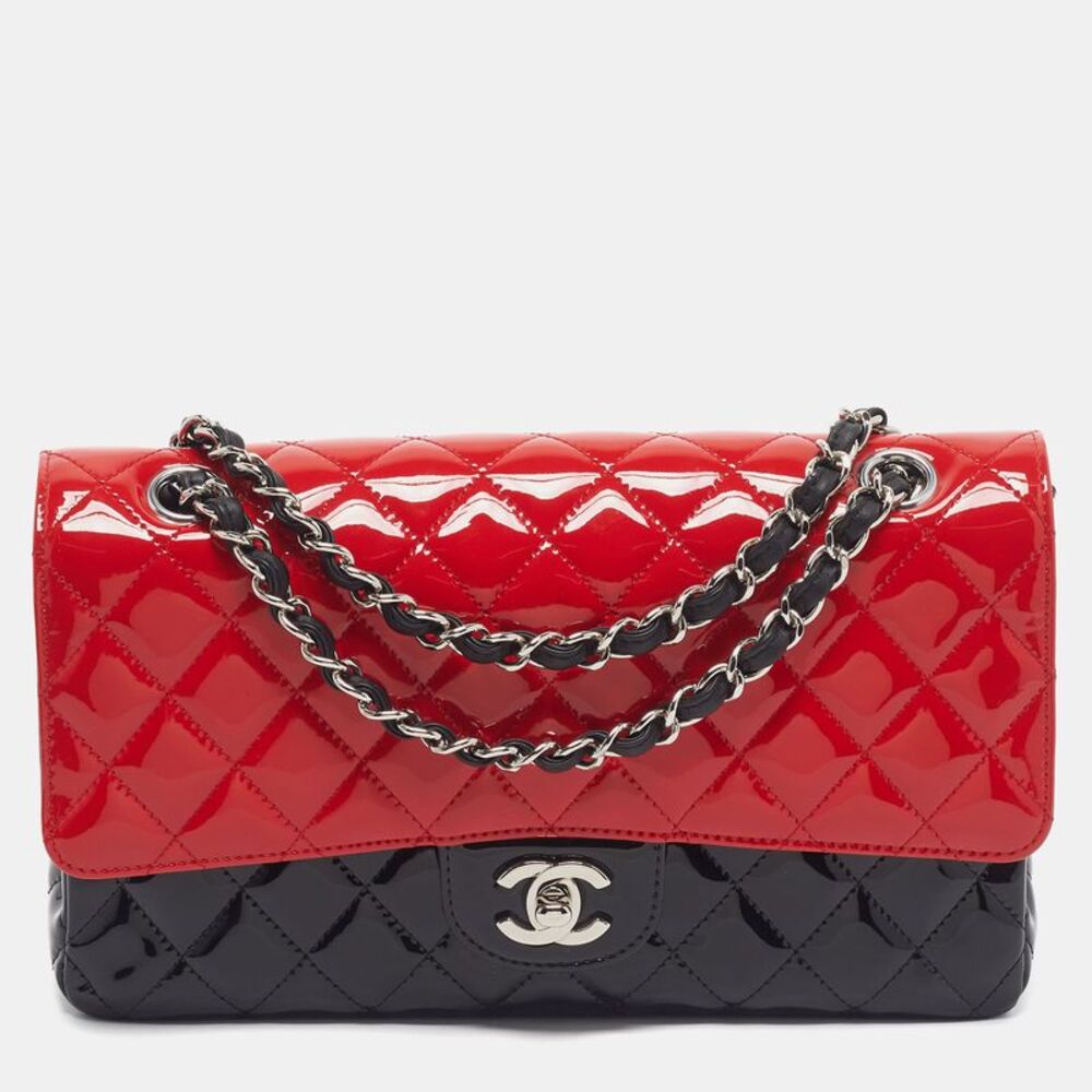 Chanel Classic Double Flap Medium Red/black Quilted Patent Leather Bag